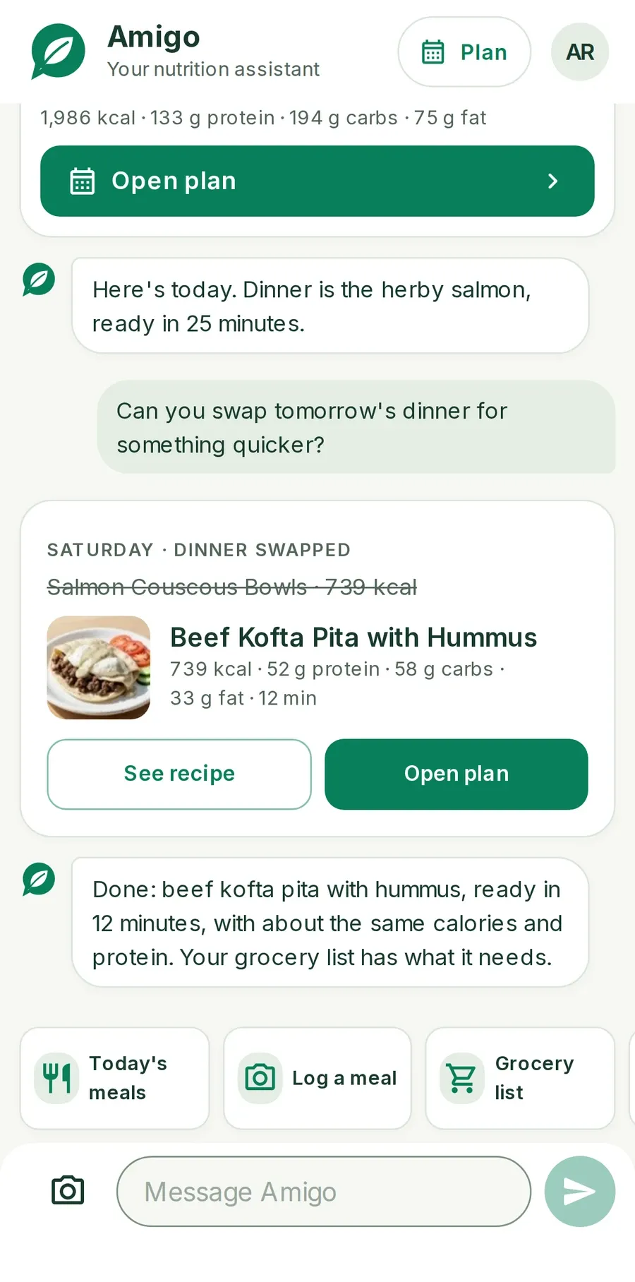 Asking Amigo to swap tomorrow's dinner for something quicker: salmon couscous bowls become a beef kofta pita with hummus, ready in 12 minutes