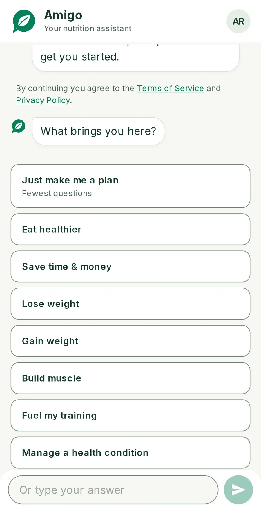 Amigo asking "What brings you here?" with goals to choose from