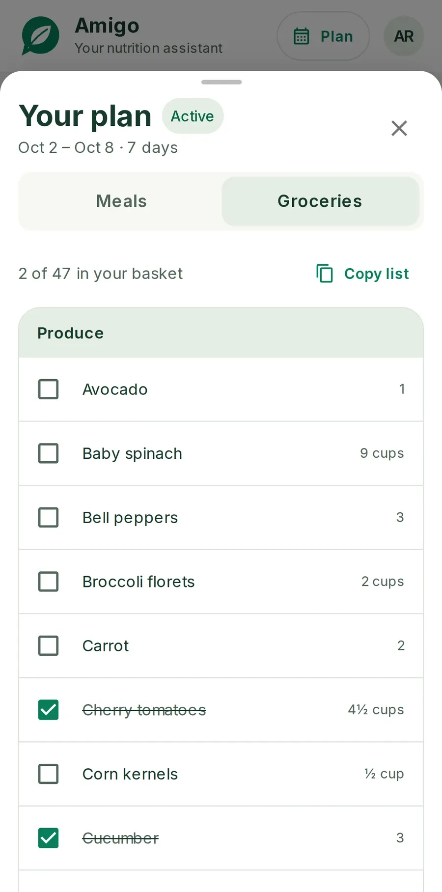 The plan's grocery list: 47 items grouped by store section, with amounts added up for the week and two already in the basket