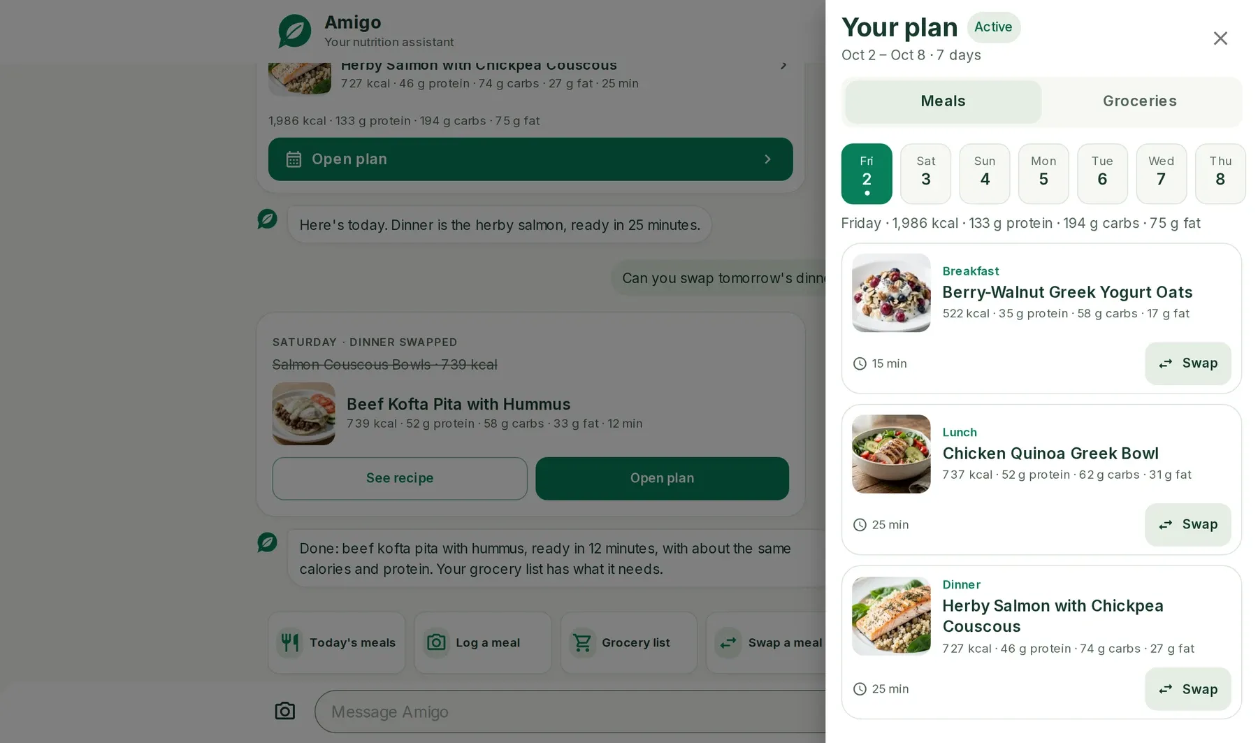 Nutramigo in a browser on a laptop: the conversation with the week's plan open beside it, showing Friday's meals with their calories, protein, carbs and fat