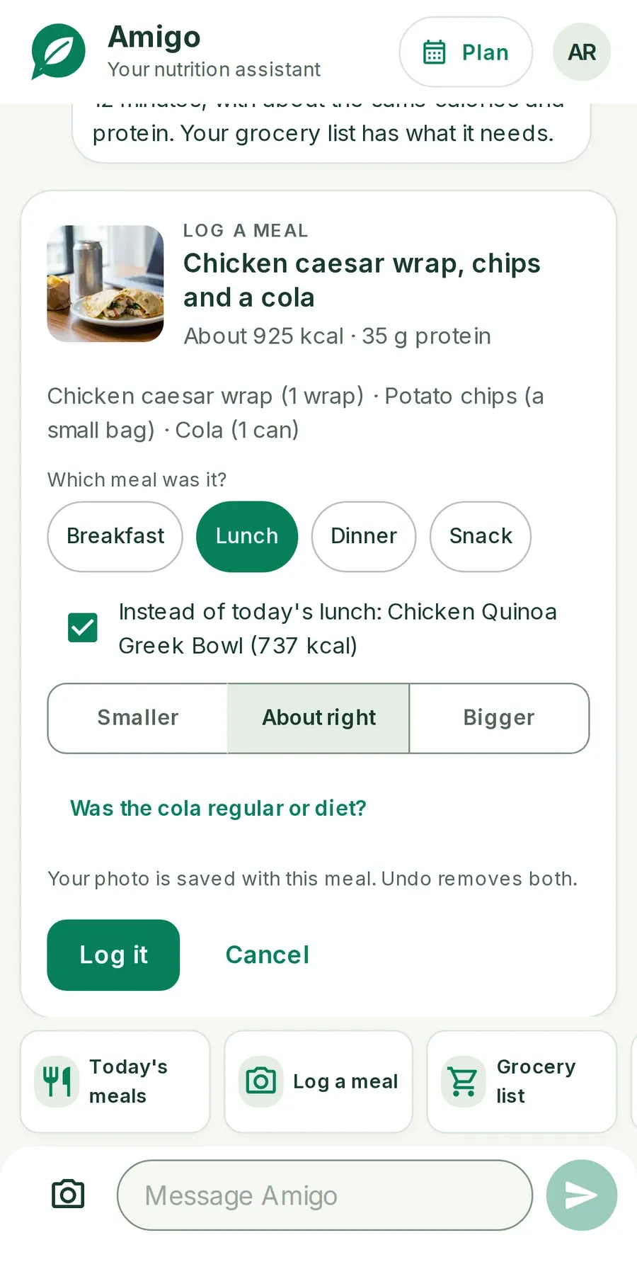 Logging a lunch from a photo: a chicken caesar wrap, chips and a cola, about 925 kcal and 35 g of protein, logged instead of the planned chicken quinoa Greek bowl