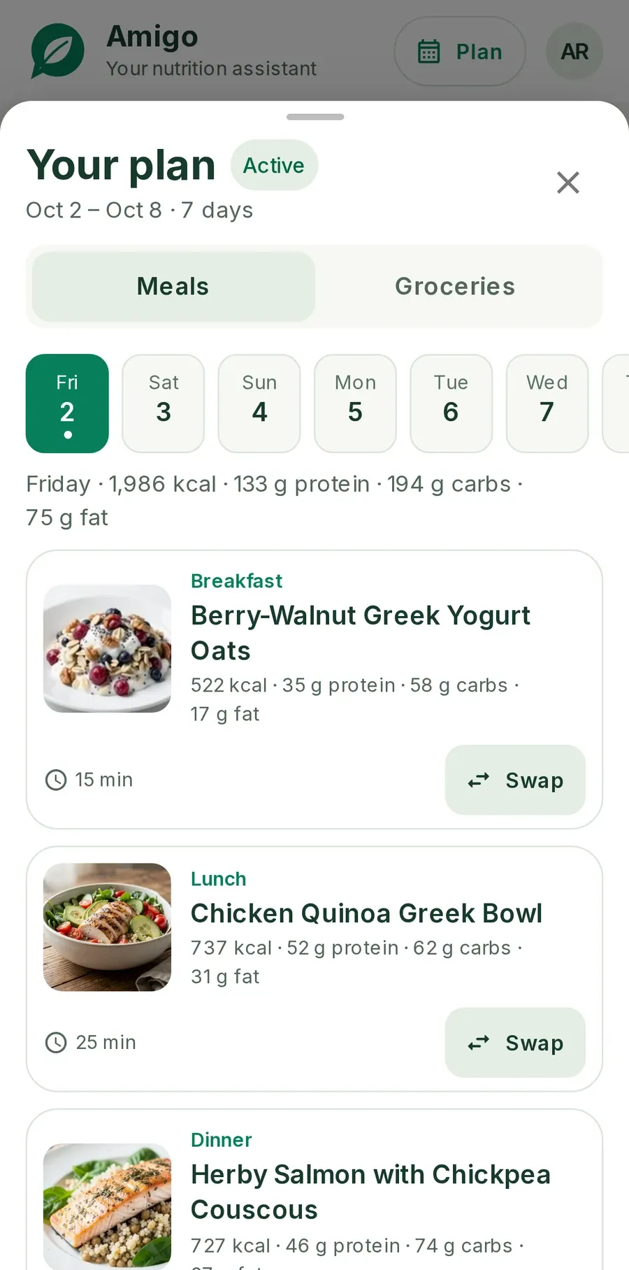 A week's meal plan in Nutramigo: Friday's berry-walnut Greek yogurt oats, chicken quinoa Greek bowl and herby salmon with chickpea couscous, with calories, protein, carbs and fat for each meal and for the day