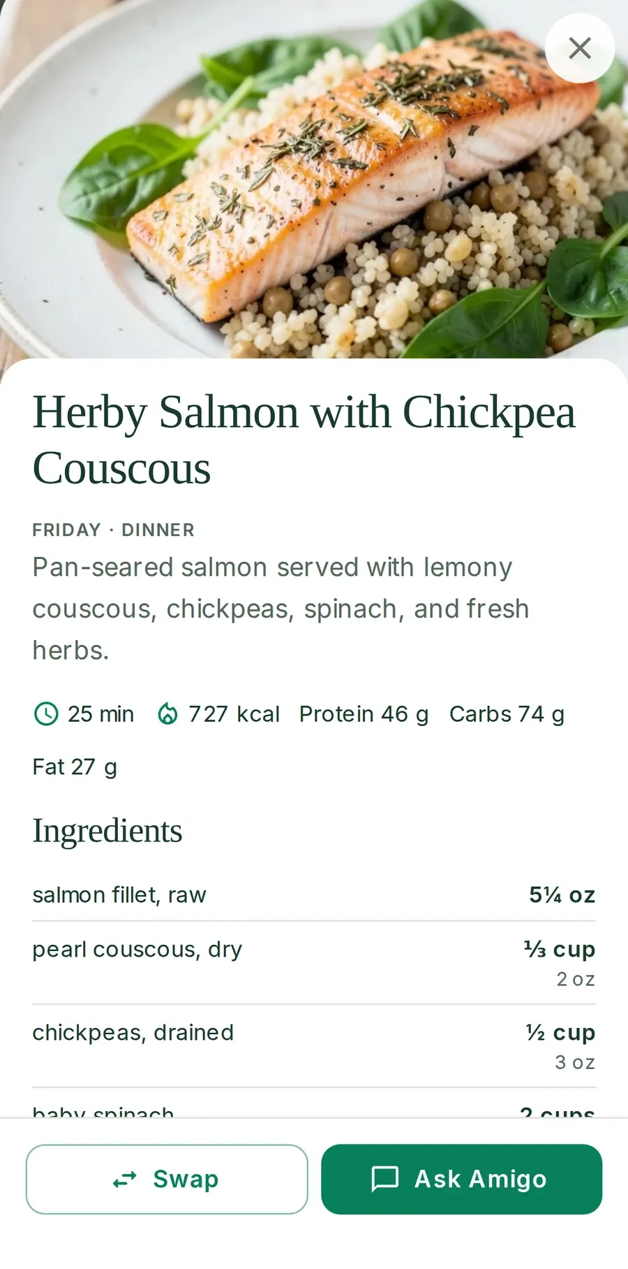 A recipe in the plan: herby salmon with chickpea couscous, 727 kcal, 46 g protein, 74 g carbs and 27 g fat, ready in 25 minutes