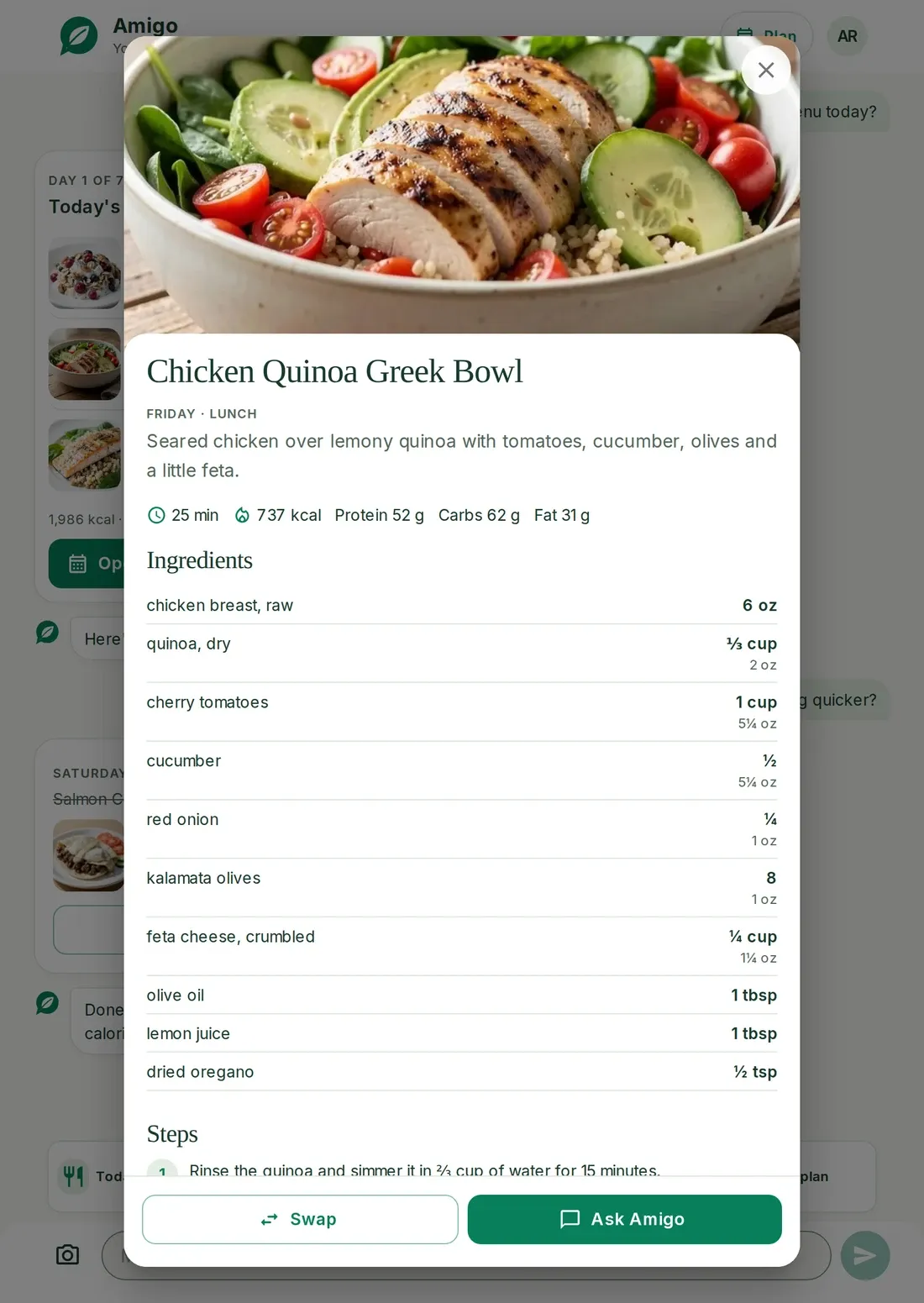 Nutramigo on a tablet: the chicken quinoa Greek bowl recipe open over the conversation, with its photo, nutrition and ingredients