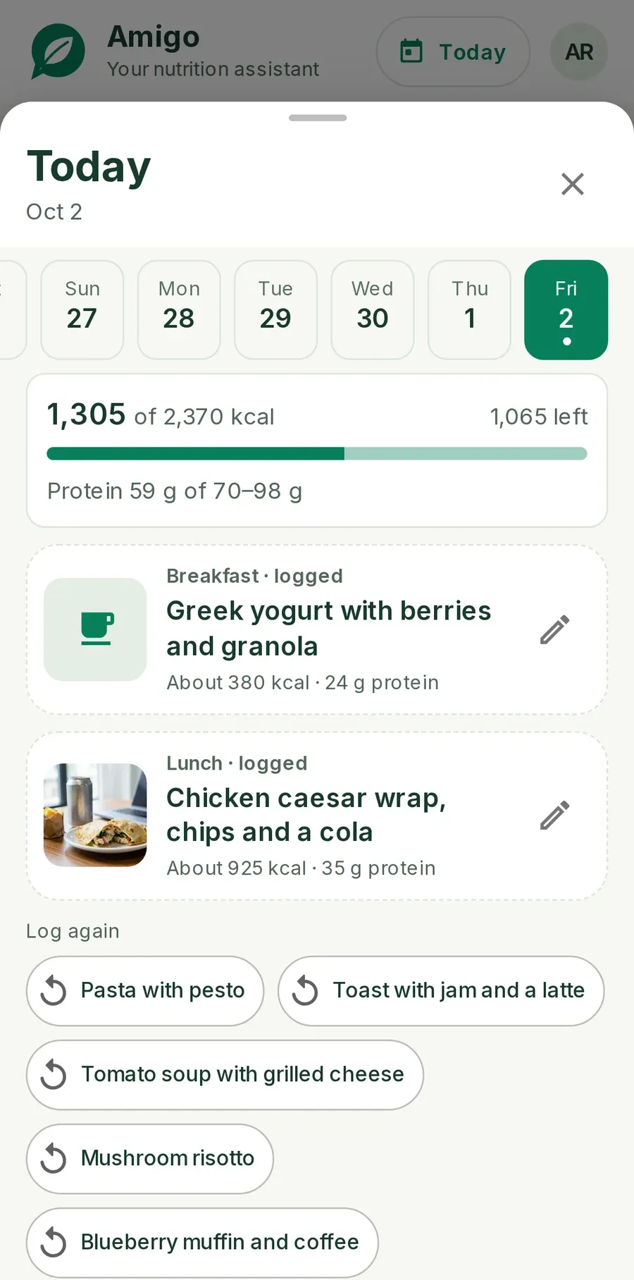 Today in Nutramigo: 1,305 of 2,370 kcal eaten, 1,065 left, protein 59 g of 70–98 g, Greek yogurt with berries and granola logged for breakfast, a chicken caesar wrap, chips and a cola logged for lunch from a photo, and recent meals to log again in one tap