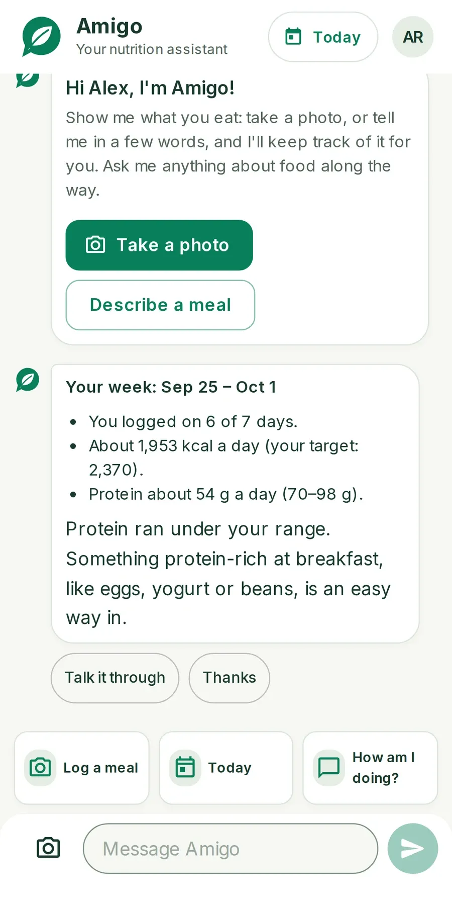 Amigo's look back at a week: logged on 6 of 7 days, about 1,953 kcal a day against a 2,370 target, protein about 54 g a day against 70–98 g, and a suggestion to add something protein-rich at breakfast